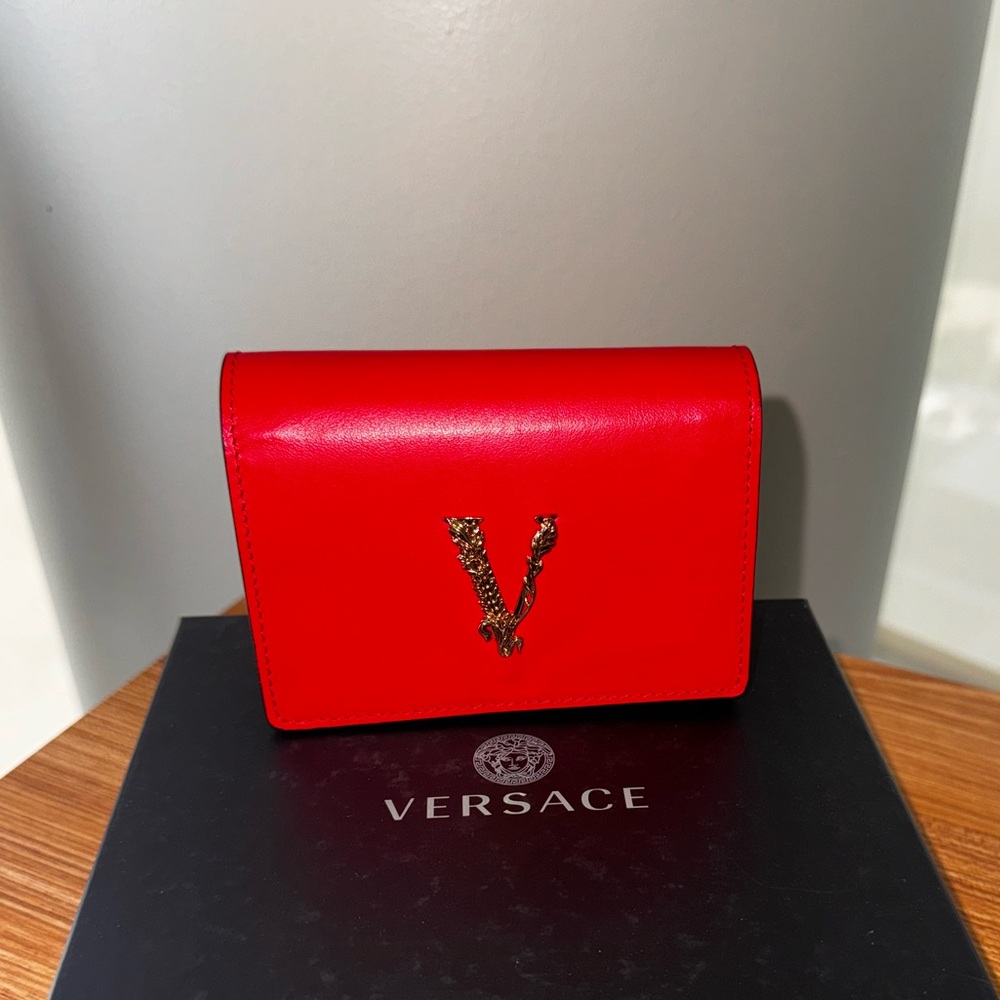 Authentic VERSACE Mini Virtus Leather Crossbody Bag in Color Red